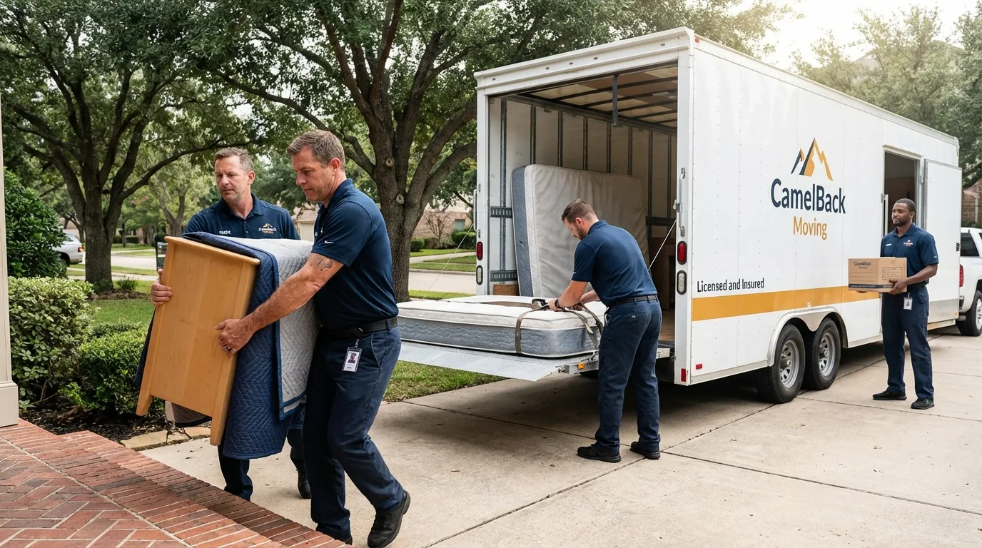 Crew loading residential truck for cross-state move from Winchester, IN