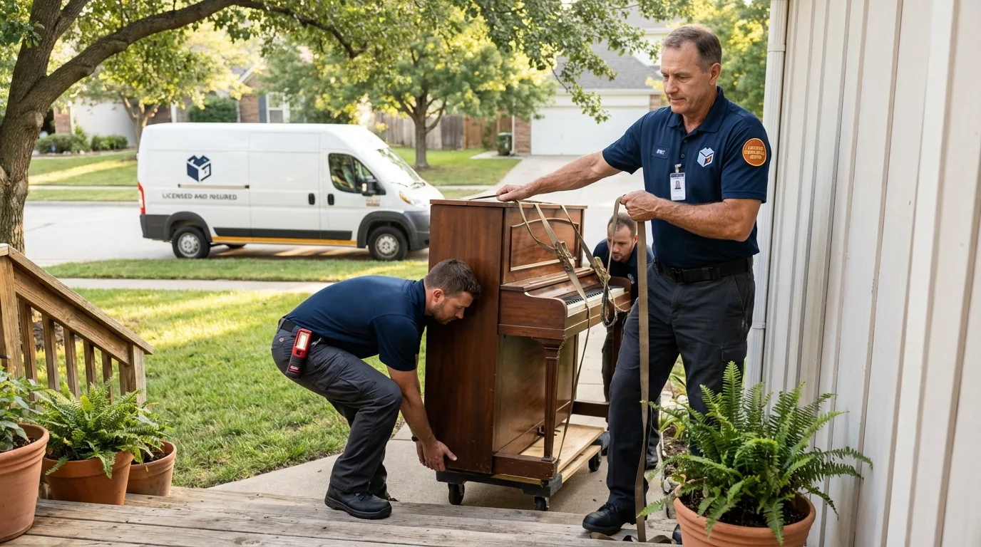 Licensed piano movers securing grand piano in Winchester, IN