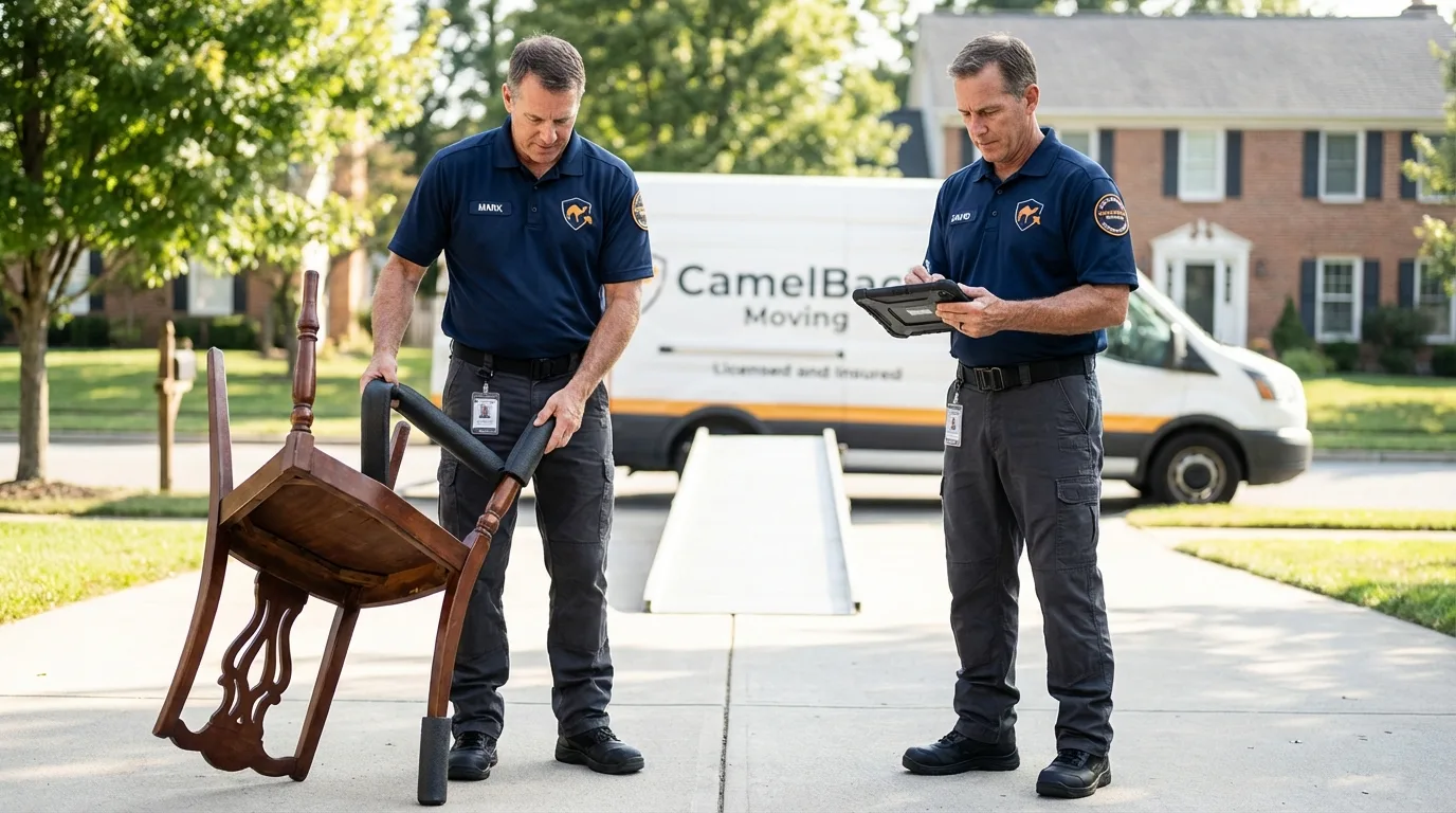 Movers inspecting furniture for damage prevention before loading in Winchester, IN