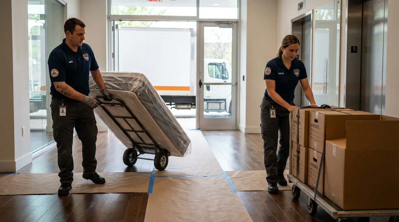 Professional apartment movers loading elevator in Winchester, IN